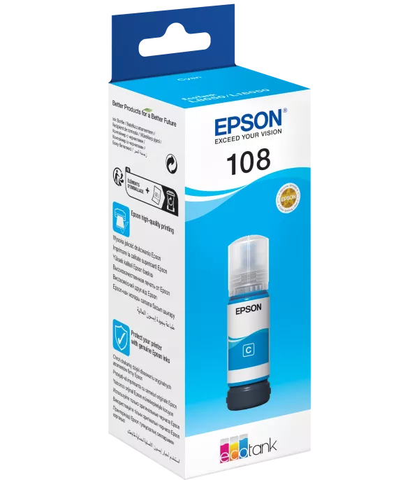 Epson 108 Cyan - Bouteille d'encre Epson EcoTank d'origine (C13T09C24A)