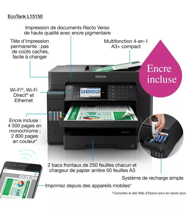 Epson EcoTank L15150 Imprimante A3+ multifonction à réservoirs rechargeables (C11CH72403)