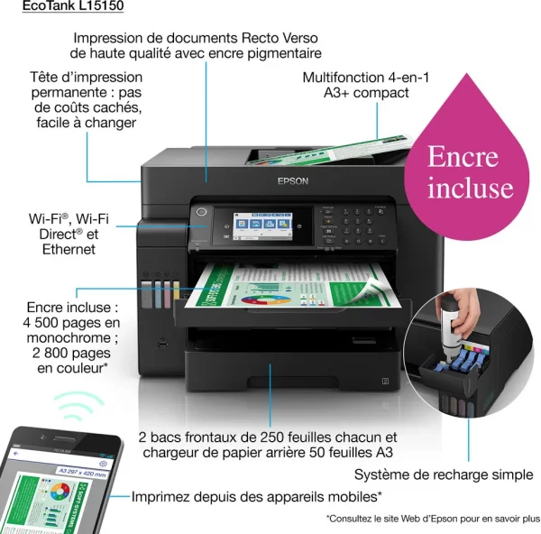 Epson EcoTank L15150 Imprimante A3+ multifonction à réservoirs rechargeables (C11CH72403)