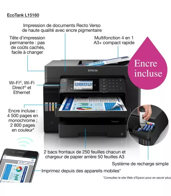 Epson EcoTank L15160 Imprimante A3+ multifonction à réservoirs rechargeables (C11CH71403)