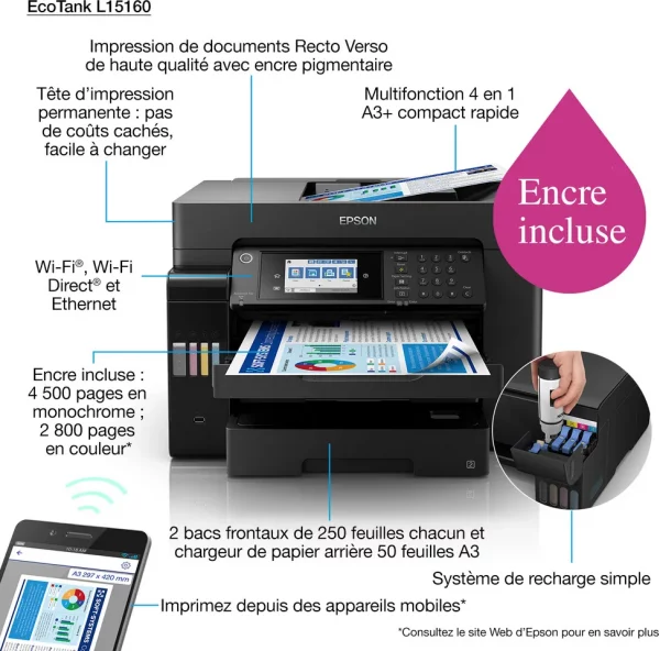 Epson EcoTank L15160 Imprimante A3+ multifonction à réservoirs rechargeables (C11CH71403)