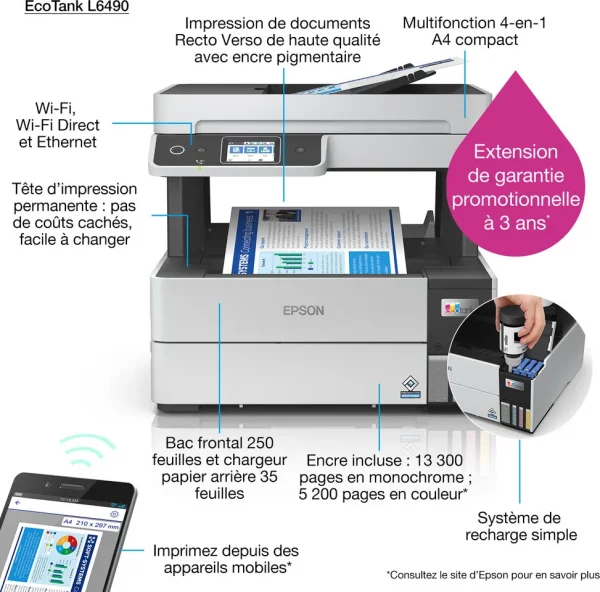 Epson EcoTank L6490 Imprimante multifonction à réservoirs rechargeables (C11CJ88404)
