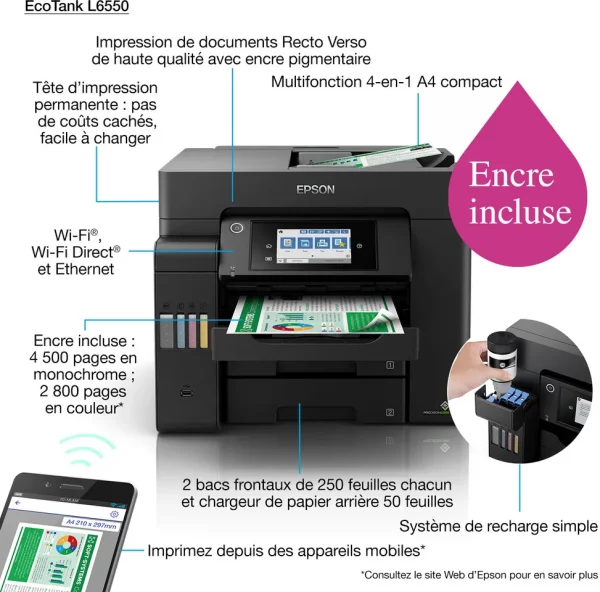 Epson EcoTank L6550 Imprimante multifonction à réservoirs rechargeables (C11CJ30403)