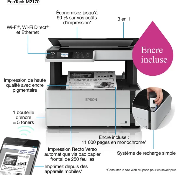Epson EcoTank M2170 Imprimante multifonction à réservoirs rechargeables (C11CH43403)