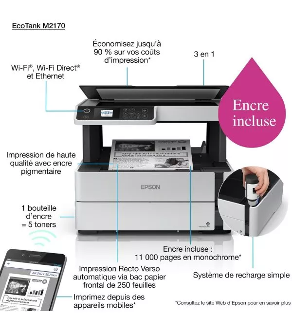 imprimante-economique-a-reservoirs-rechargeables-multifonction-epson-ecotank-m2170-c11ch43403-2 Epson EcoTank M2170 Imprimante rechargeable Multifonction - C11CH43403