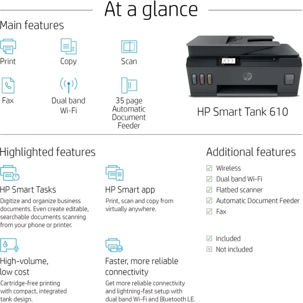 HP Smart Tank 615 Imprimante multifonction à réservoirs rechargeables (Y0F71A)