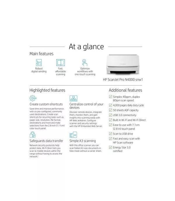 Scanner HP ScanJet Pro N4000 snw1 – Scanner A4 Recto-Verso (6FW08A)