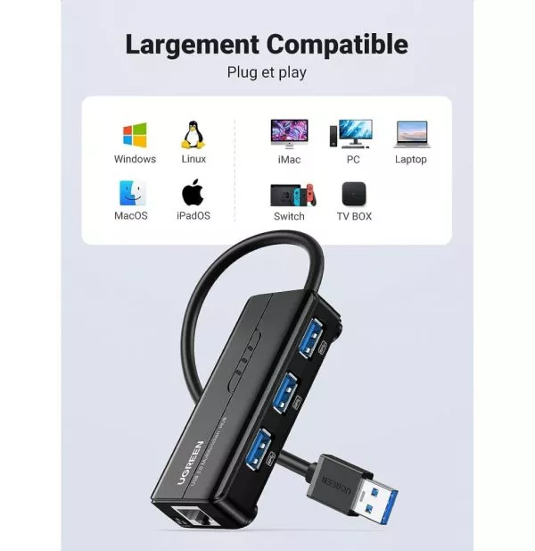 HUB USB 3.0 Ugreen 4 en 1 RJ45 Port (20265)