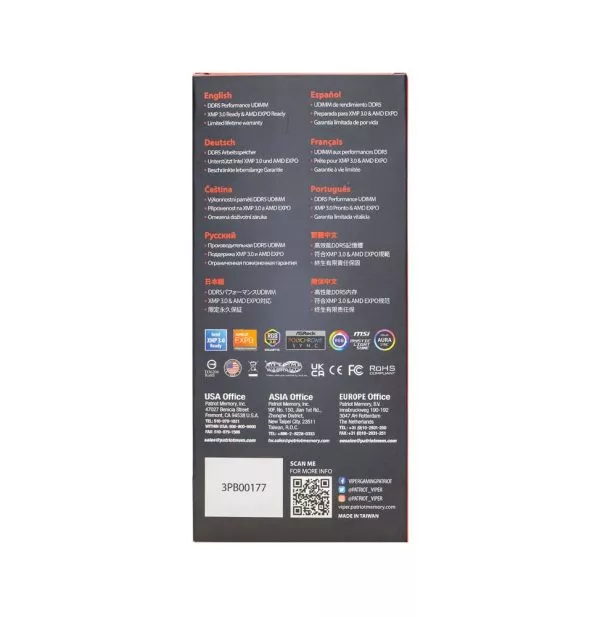Barrette mémoire Patriot Viper Venom RGB 16GB U-DIMM DDR5 6000 MHz CL30 - Pc Bureau (PVVR516G60C30)