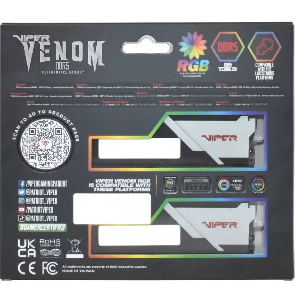 Barrette mémoire Patriot Viper Venom RGB 32GB (16GBx2) U-DIMM DDR5 6000 MHz - Pc Bureau (PVVR532G600C36K)
