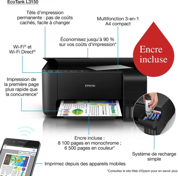 Epson EcoTank L3150 Imprimante à réservoirs rechargeables (C11CG86407) Epson EcoTank L3150 Imprimante à réservoirs rechargeables (C11CG86407)
