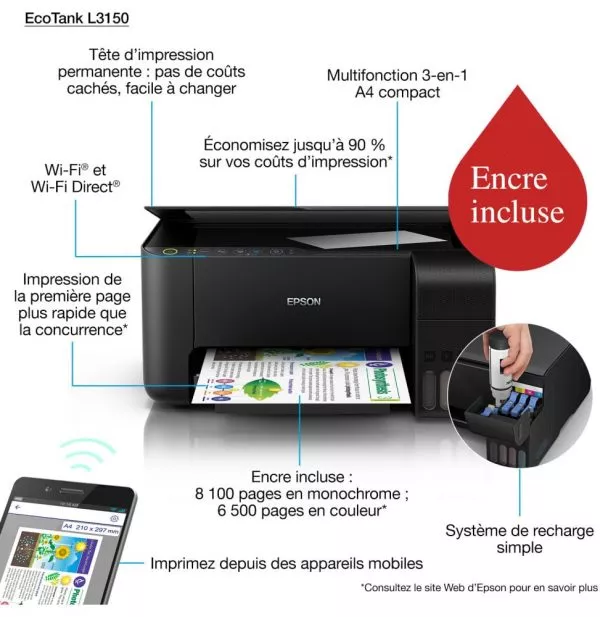 Epson EcoTank L3150 Imprimante à réservoirs rechargeables (C11CG86407)