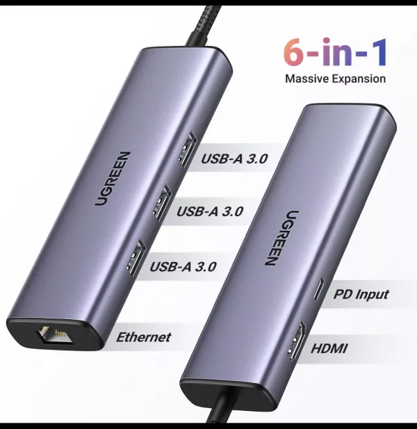 HUB Ugreen Revodok 1061 USB-C 6 en 1 Supporte PD (Power Delivery) 100W Recharge (15598)