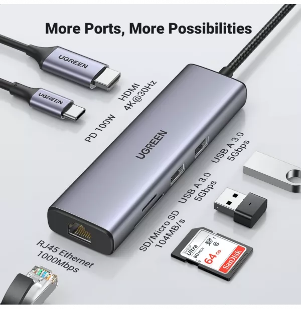 HUB Ugreen USB-C 7 en 1 Supporte PD (Power Delivery) 100W Recharge (90568)