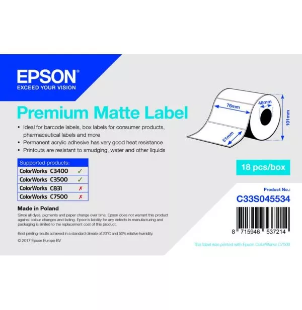 Rouleau étiquette Epson Premium Matte 76mm x 51mm, 650 étiquettes pour C3500/3400 (C33S045534)