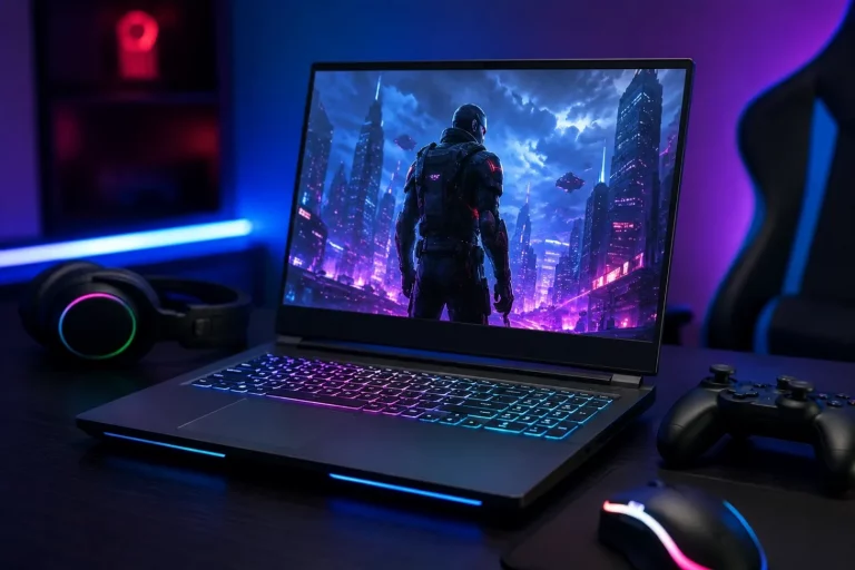 Gros plan sur le clavier RGB d’un PC portable gamer, montrant le design et le confort de frappe pour les joueurs au Maroc