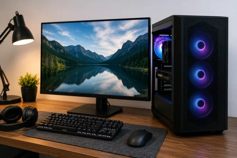 Ordinateur de bureau moderne sur un bureau, illustrant notre guide d’achat pour choisir le meilleur PC fixe au Maroc