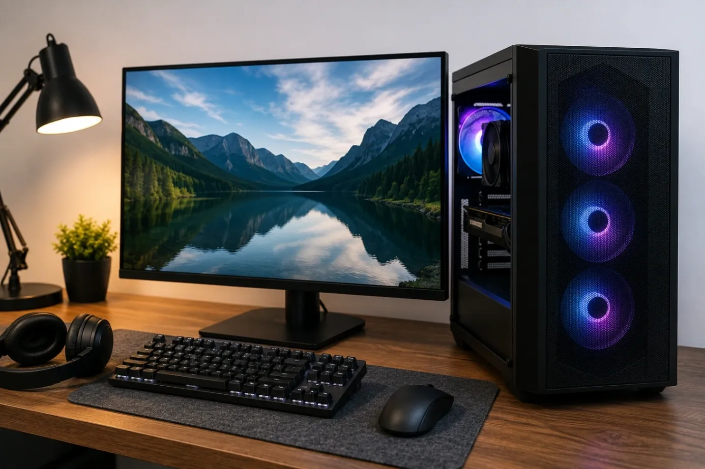 Ordinateur de bureau moderne sur un bureau, illustrant notre guide d’achat pour choisir le meilleur PC fixe au Maroc