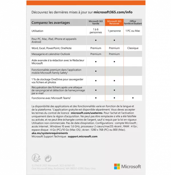 Microsoft 365 Personnel Français avec Copilot intégré - abonnement 12 mois pour 1 personne (Licence envoyée par E-mail)