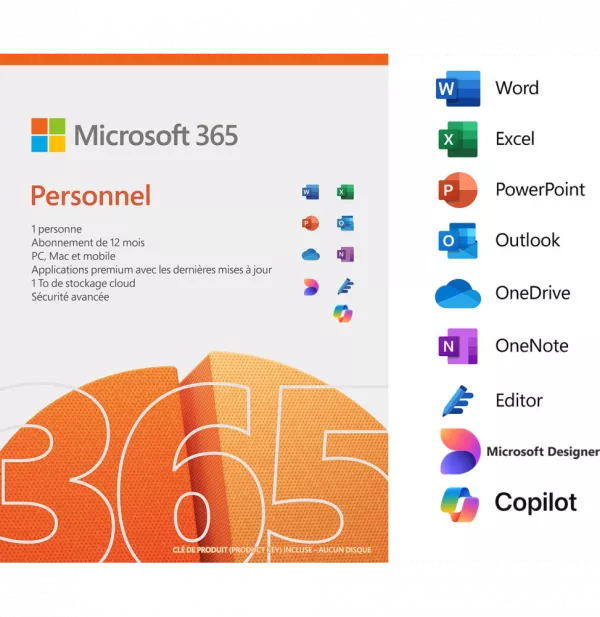 Microsoft 365 Personnel Français avec Copilot intégré - abonnement 12 mois pour 1 personne (Licence envoyée par E-mail)