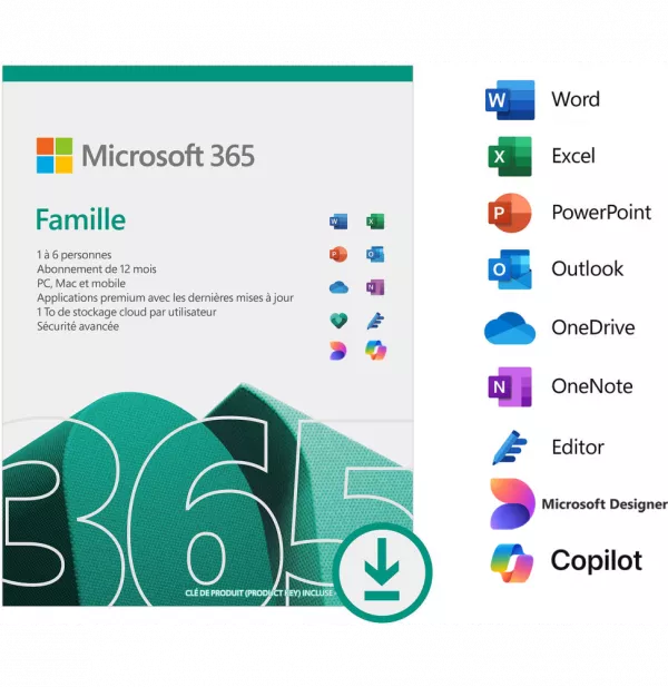 Microsoft 365 Famille Français - abonnement 12 mois pour 6 personnes | Licence officielle envoyée par email