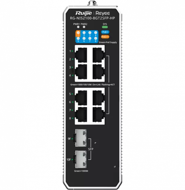 switch-industriel-l2-gere-dans-le-cloud-reyee-nis2100-8gt2sfp-hp-10-ports-1-port-poe-7-ports-poe-2-ports-uplink-sfp Switch industriel L2 géré dans le Cloud Reyee NIS2100-8GT2SFP-HP 10 ports, 1 port PoE++, 7 ports PoE+, 2 ports Uplink SFP