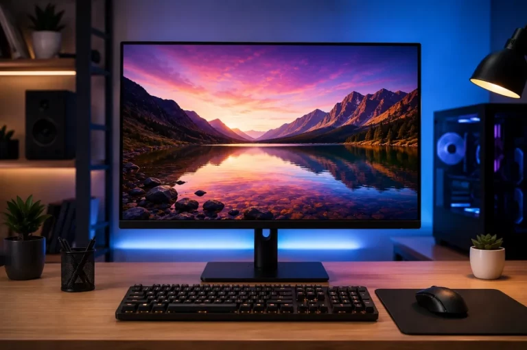 Écran PC moderne sur bureau, illustrant notre guide d’achat complet pour choisir le meilleur écran au Maroc.
