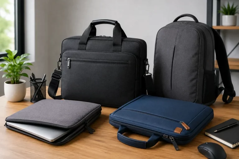 Sacoche et housse protégeant un ordinateur portable, illustrant un guide d’achat au Maroc.