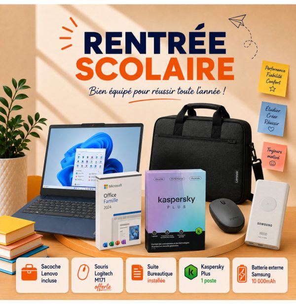 Pack Complet : PC Lenovo IdeaPad Slim 3 15IRH10 + Office Famille 2024 + Kaspersky + batterie Samsung + souris offerte