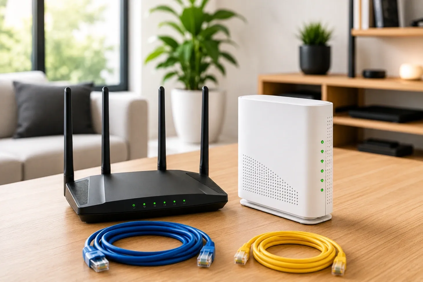 Routeur WiFi et modem affichés sur un bureau, illustrant un guide pour choisir la meilleure solution au Maroc.
