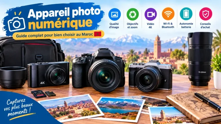 Appareils photo numériques hybrides, reflex et compacts présentés dans un guide complet pour bien choisir son appareil photo au Maroc selon le budget, l’usage et le niveau.