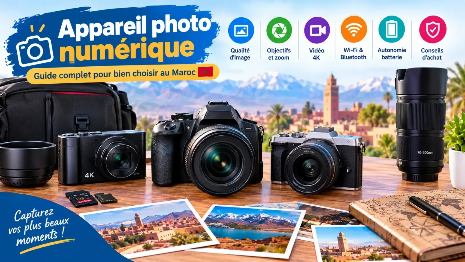 Appareils photo numériques hybrides, reflex et compacts présentés dans un guide complet pour bien choisir son appareil photo au Maroc selon le budget, l’usage et le niveau.
