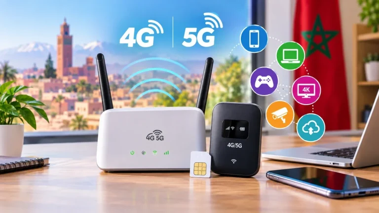 Modem et routeur 4G / 5G avec carte SIM, illustrant un guide de choix au Maroc.