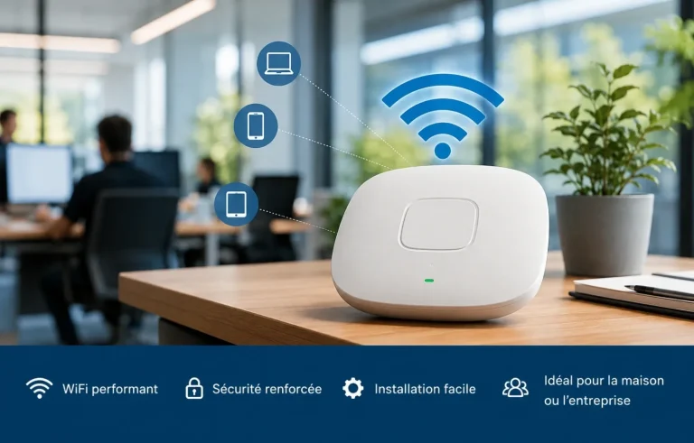 Point d’accès WiFi installé au plafond ou au mur, illustrant un guide de choix au Maroc.