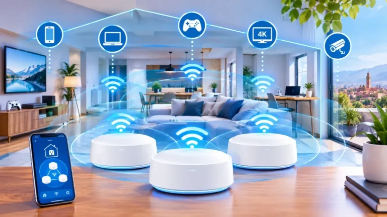 Système WiFi Mesh avec plusieurs bornes, illustrant un guide pour améliorer la couverture sans fil.