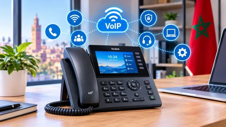 Téléphone IP de bureau connecté en VoIP, illustrant un guide de choix au Maroc.