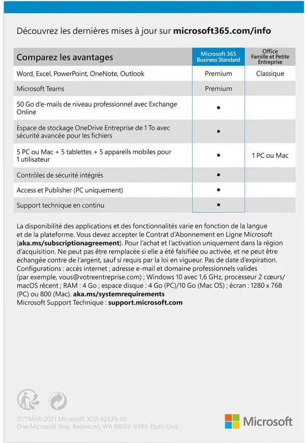 Microsoft 365 Business Standard Français - abonnement 12 mois pour 1 personne (PC, Mac, iOS et Android)