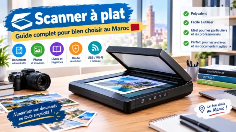 Scanner à plat de bureau pour numériser documents, photos et livres, illustrant un guide complet pour bien choisir son scanner au Maroc.