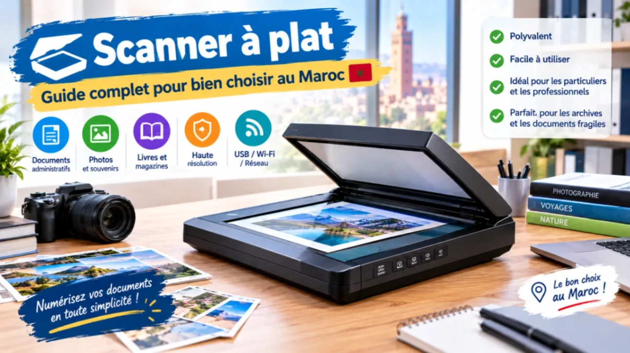 Scanner à plat de bureau pour numériser documents, photos et livres, illustrant un guide complet pour bien choisir son scanner au Maroc.