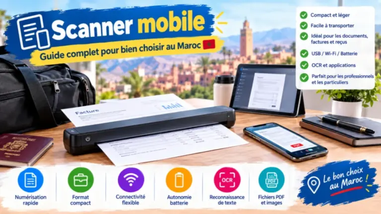 Scanner mobile portable pour numériser documents et photos en déplacement, illustrant un guide complet pour bien choisir son scanner au Maroc.
