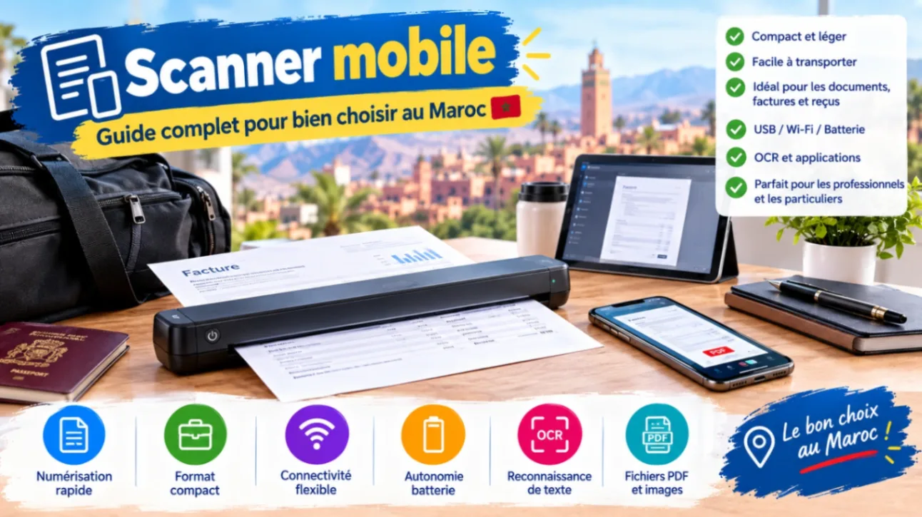 Scanner mobile portable pour numériser documents et photos en déplacement, illustrant un guide complet pour bien choisir son scanner au Maroc.