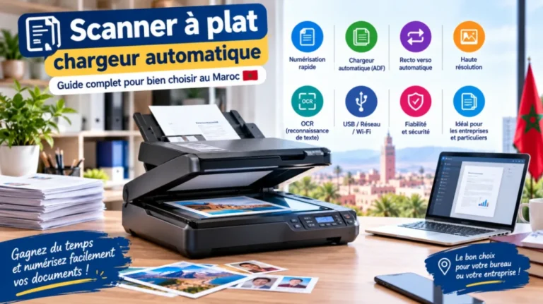 Scanner de bureau à plat avec chargeur automatique de documents (ADF), illustrant un guide complet pour bien choisir son scanner au Maroc selon le volume, la vitesse, le recto‑verso et la connectivité.