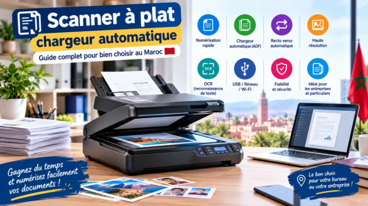 Scanner de bureau à plat avec chargeur automatique de documents (ADF), illustrant un guide complet pour bien choisir son scanner au Maroc selon le volume, la vitesse, le recto‑verso et la connectivité.